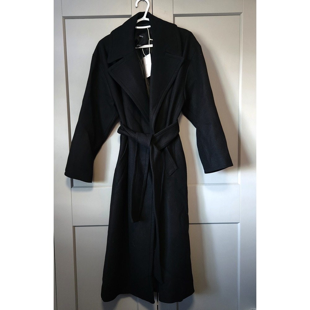 MANGO New Abrigo Traviata Black Recycled Wool Coat Belted Long Jacket MNG M